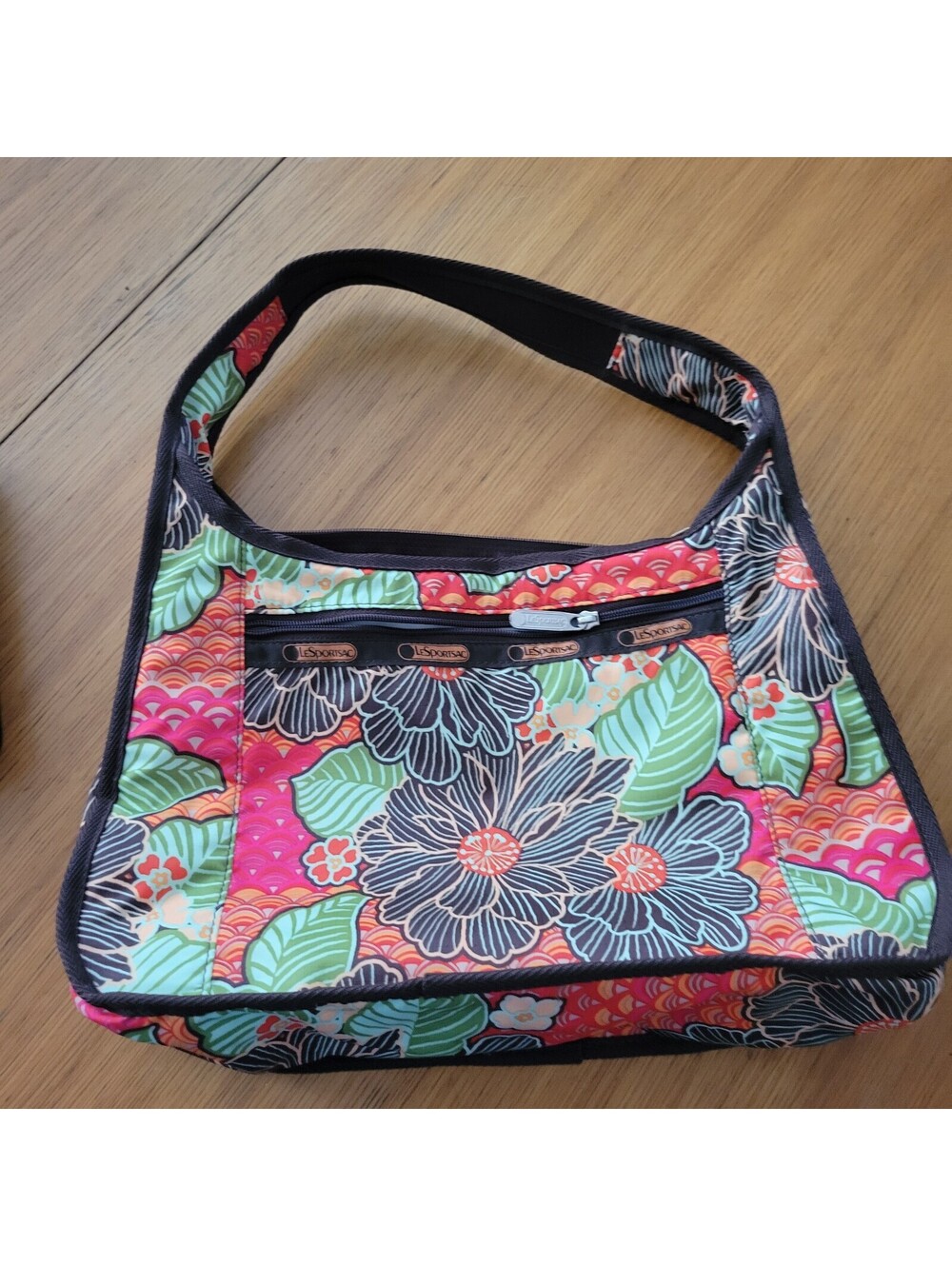 LeSportsac Pink Orange Floral Nylon Boho Shoulder Bag Purse Matching Make Up Bag